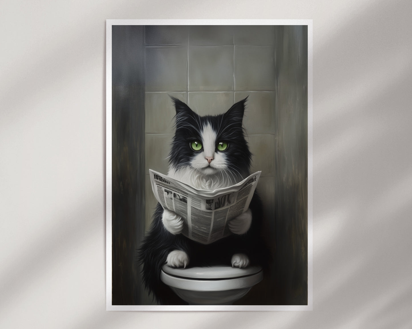 Black & White Cat Reading Newspaper on Toilet Print