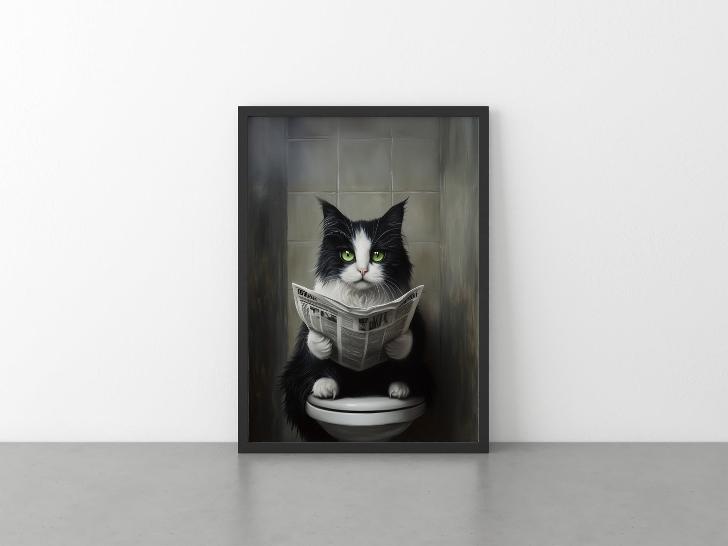 Black & White Cat Reading Newspaper on Toilet Print