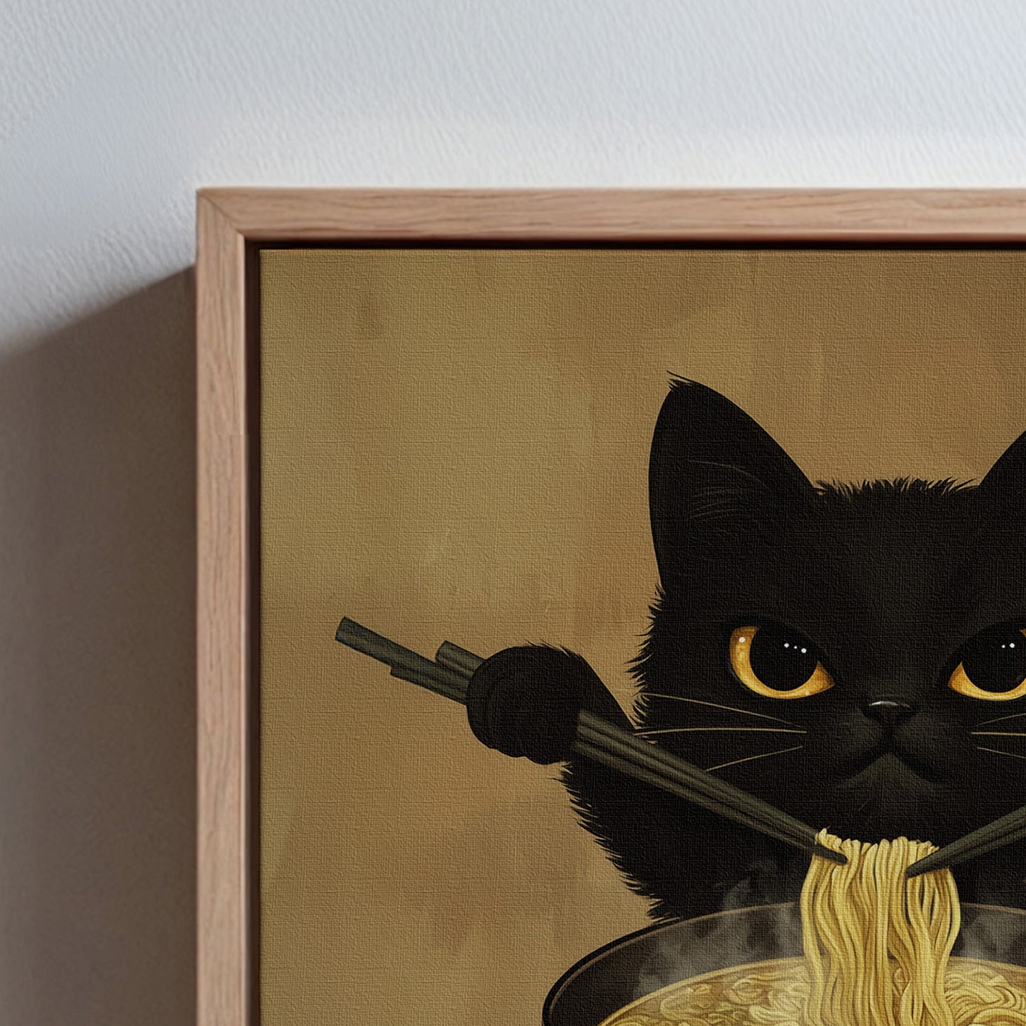 Little Black Cat and Ramen Noodles Wall Art Framed Canvas