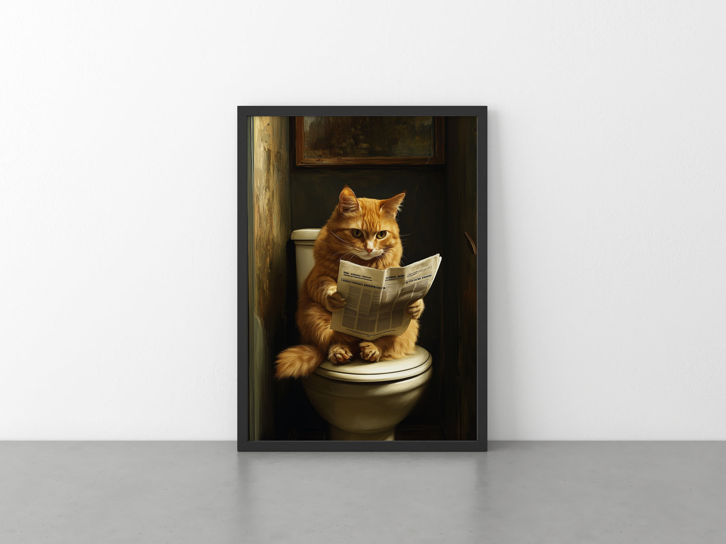 Ginger Cat Reading Newspaper on Toilet Print