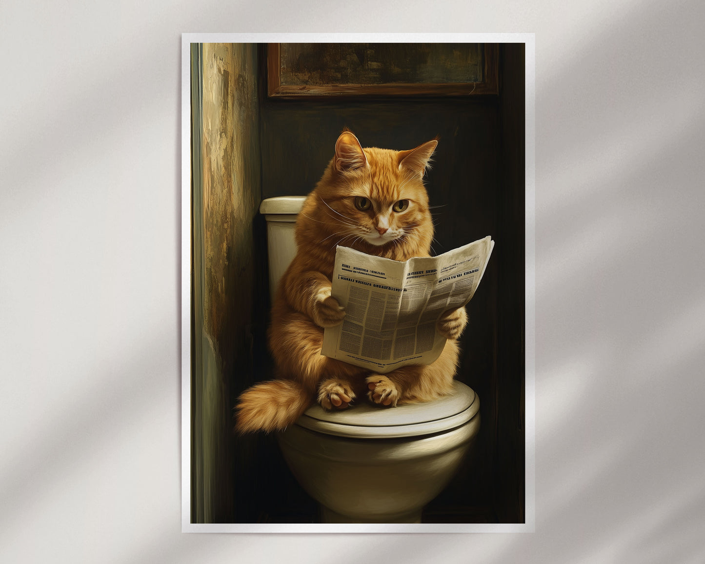 Ginger Cat Reading Newspaper on Toilet Print