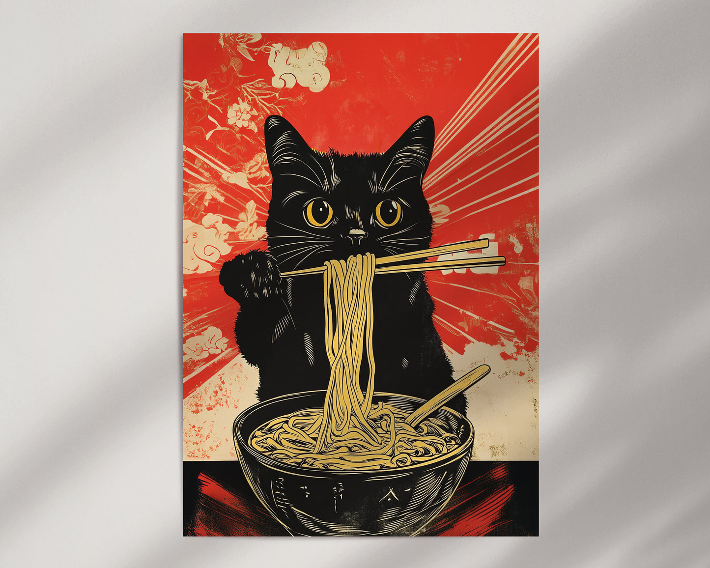 Black Cat Eating Ramen Noodles Print