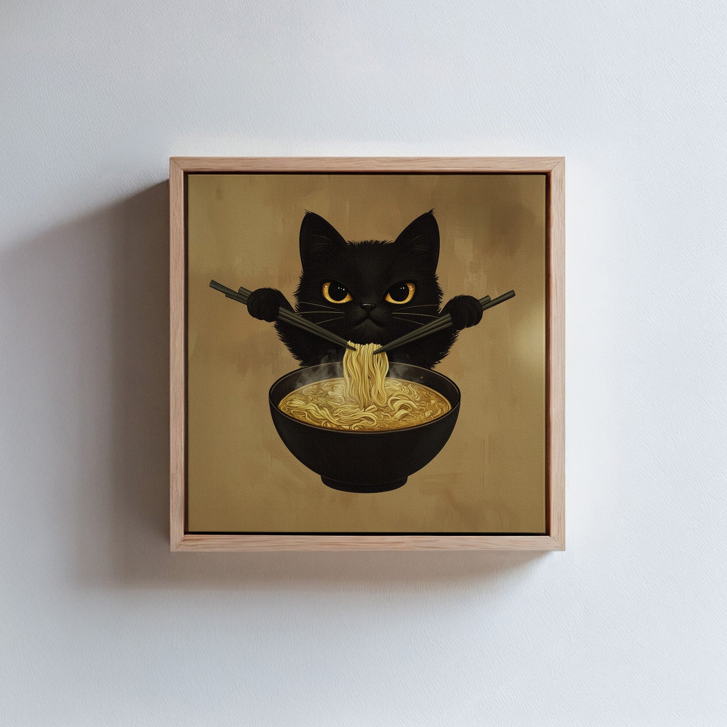 Little Black Cat and Ramen Noodles Wall Art Framed Canvas