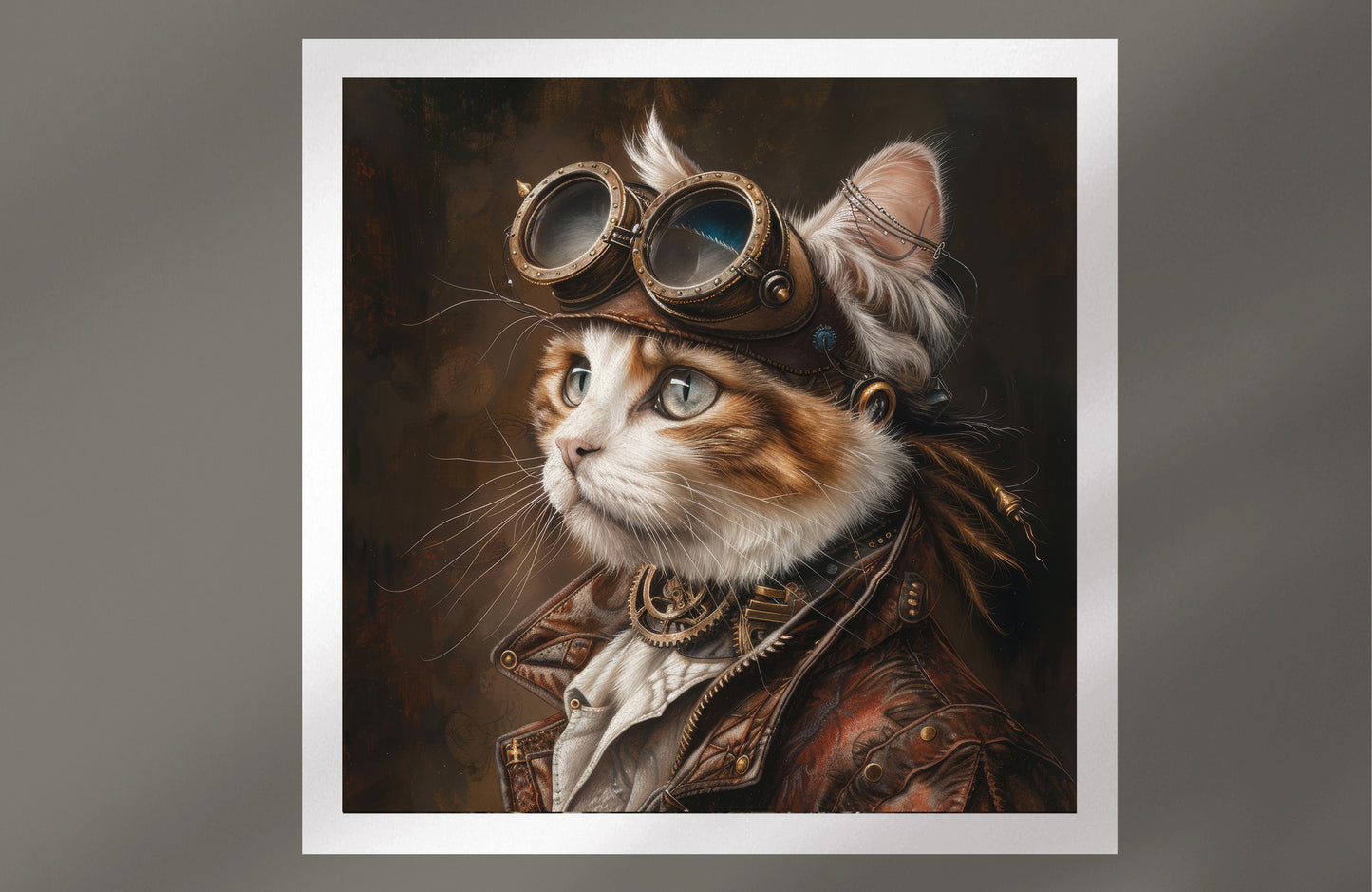 Steampunk Ginger and White Cat Print
