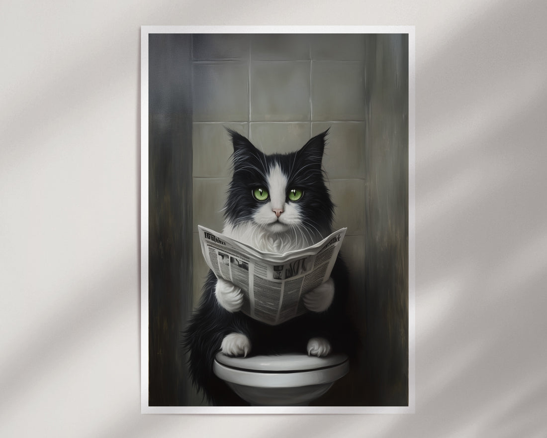 Black & White Cat Reading Newspaper on Toilet Print – Christine Lavelle ...