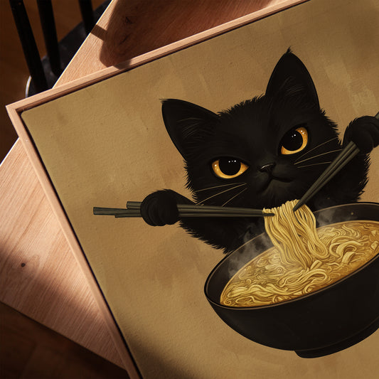 Little Black Cat and Ramen Noodles Wall Art Framed Canvas