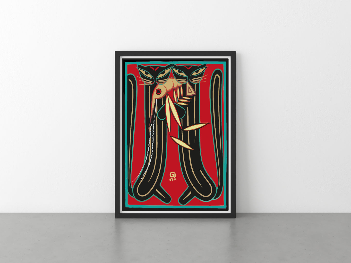 Two Cats Holding a Large Prawn Print